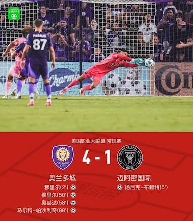 奥兰多城4-1迈阿密国际，穆里尔两射一传建功，布赖特破门